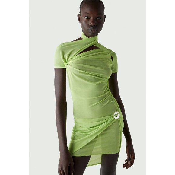 Coperni Dresses & Skirts - COPERNI Asymmetric Draped Mesh Dress in Anis New Womens